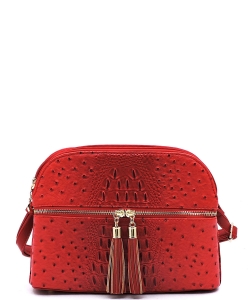 Ostrich Embossed Multi-Compartment Cross Body with Zip Tassel OS050 RED
